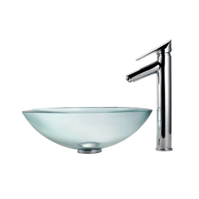 KRAUS 34 mm Clear Glass Vessel Sink with Pop-Up Drain and Mounting Ring, Chrome