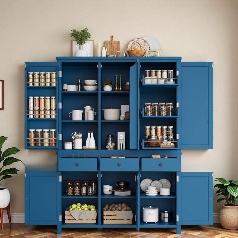 Garde-manger autoportant Farmhouse avec tablettes de porte, tablettes réglables, plateaux coulissants et tiroirs, Bleu
