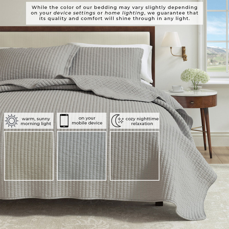 Modern & Contemporary Stripe Stitched Quilt Set with Shams, Ash Gray, King / California King Quilt + 2 King Shams