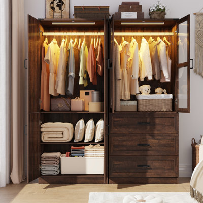 74.8"H 4 Door Wardrobe Armoire Closet With LED Lights, Rustic Farmhouse Wardrobe Cabinet With Hanging Rod & Adjustable Shelves For Bedroom