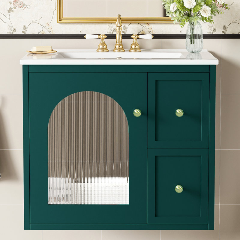 24'' Wall-Mounted Single Bathroom Vanity With Ceramic Sink, Green
