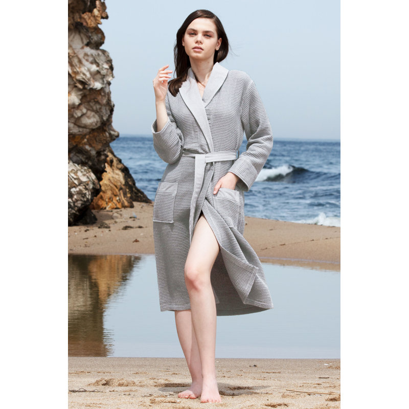 Peignoir mi-mollet en coton avec poches, S, Gris