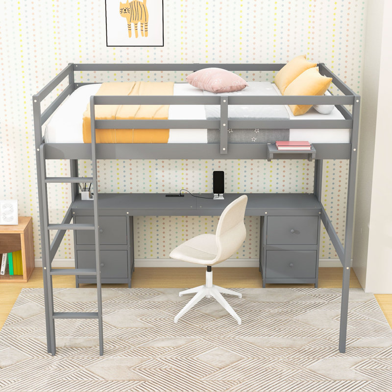 Lit mezzanine double avec bureau, station de charge, plateau de chevet, tiroirs et compartiment de rangement, Gris