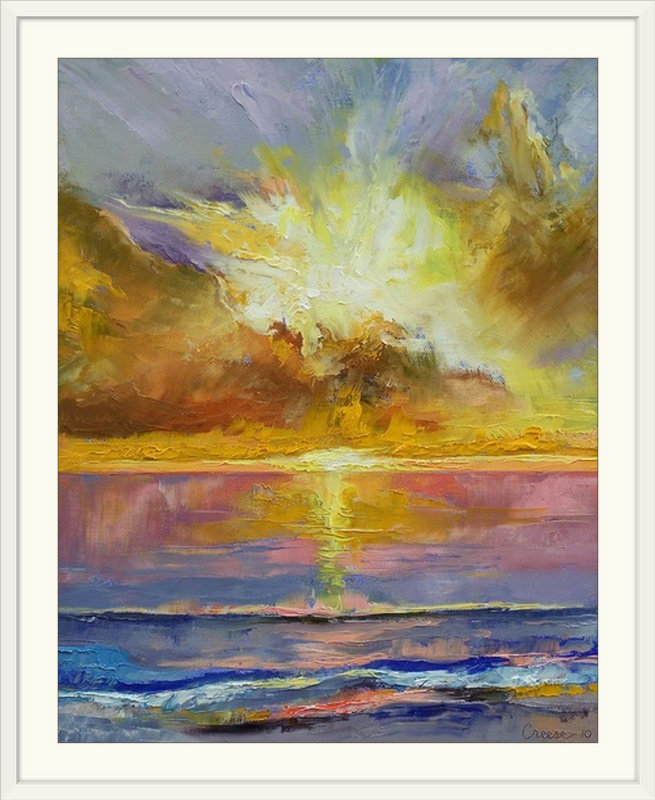 « caraïbes coucher de soleil » par l’impression de peinture Michael Creese, H 32 po x l 27 po x P 1 po, Cadre blanc