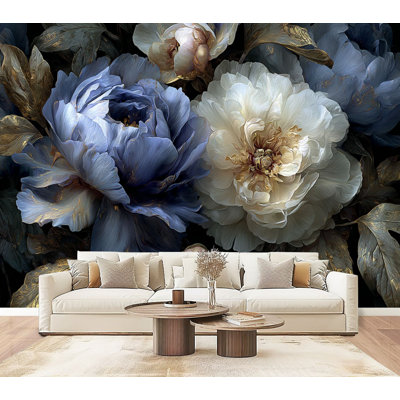 Papier peint adhésif floral avec pivoines bleues et magnolias blanches, feuilles dorées 69 po x l 96 po, papier peint adhésif amovible en PVC pour chambre à coucher, bureau à domicile, bureau