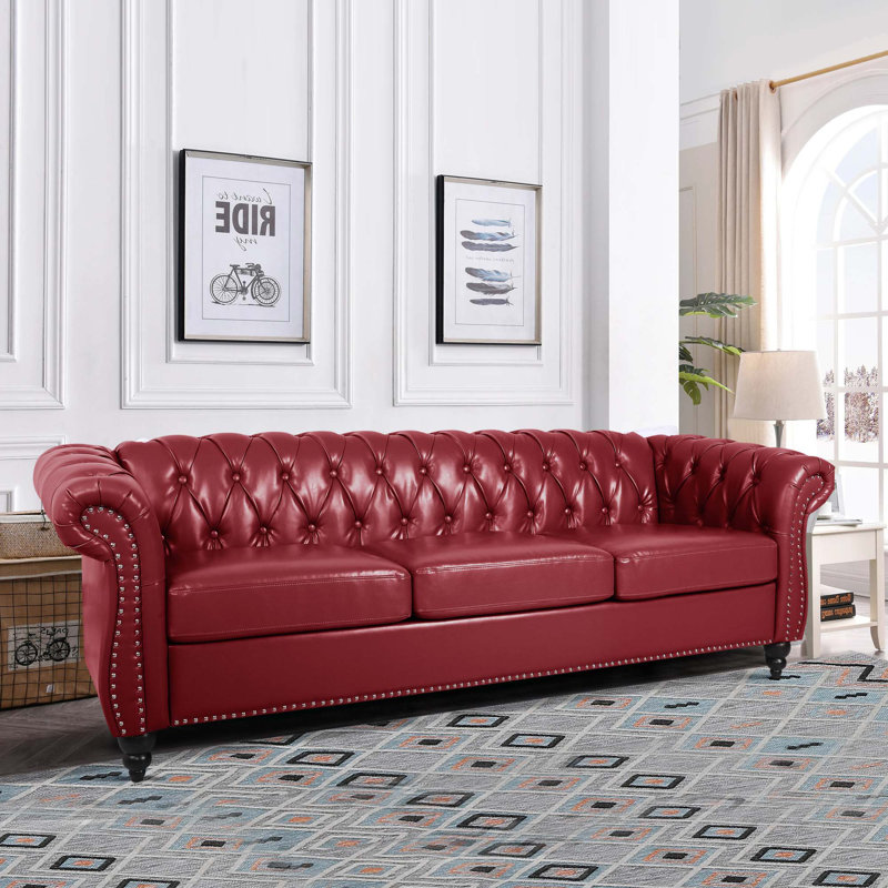 Deaneen 83.85'' Faux Leather Sofa, Red Faux Leather