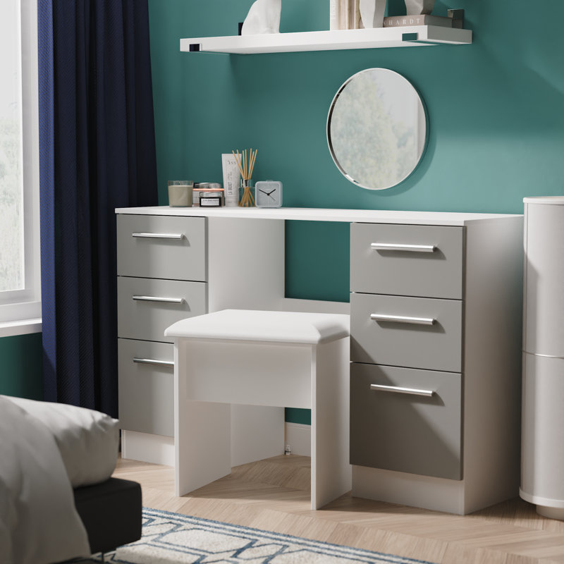 Bhaga 6 Drawer Kneehole Desk  (Ready Assembled), Dusk Grey/White