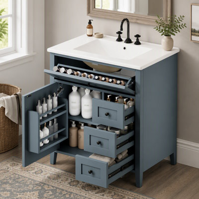 Meuble-lavabo de 76 cm avec lavabo, armoire en MDF et bois d'hévéa massif, 3 tiroirs et étagère réglable, design moderne brillant, compatible avec robinetterie de 20 cm