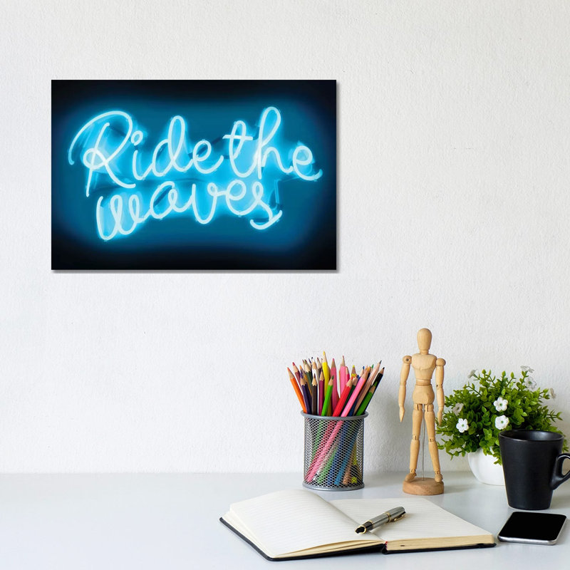 Neon Ride The Waves Aqua On Black by Hailey Carr - Wrapped Canvas Print, 20.32 cm H x 30.48 cm W