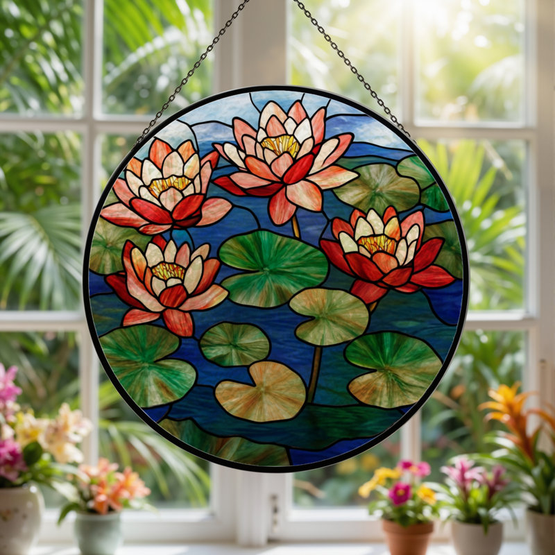 Panneau de vitrail 12 "H Water Lily, H 12 po x l 12 po