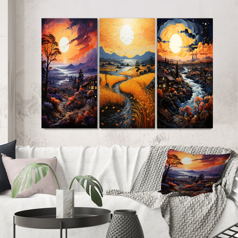 «Vangogh Village At Sunset I», 3 pièces sur toile, Toile tendue, H 20 po x l 36 po