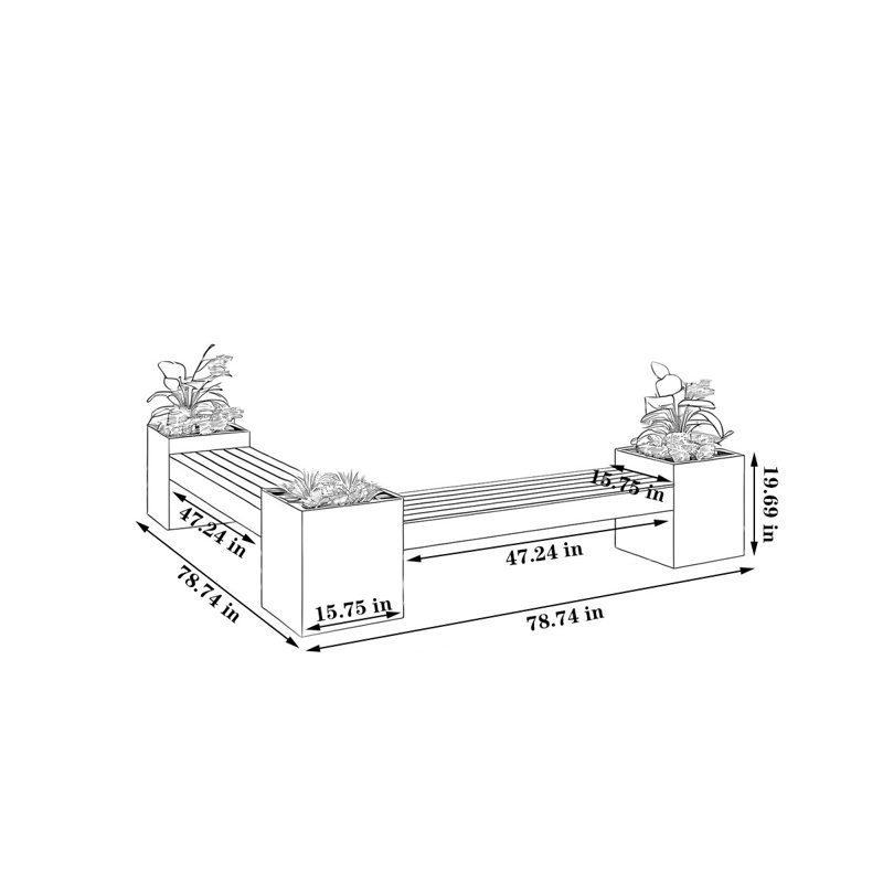 Banc en métal avec pot de fleurs, Gris, H 19,69 po x l 78,74 po x P 78,74 po