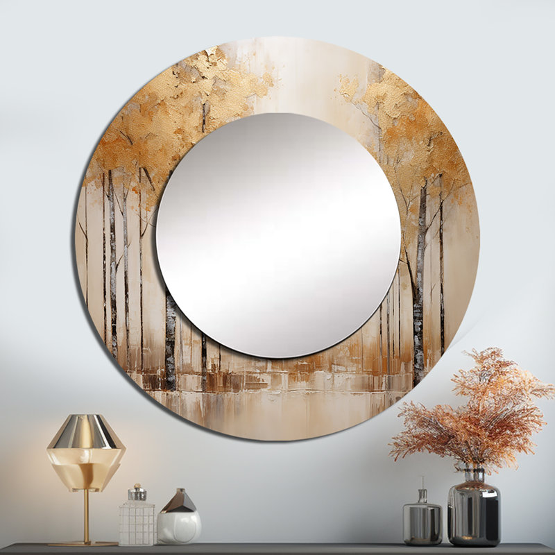 Robbi minimalisme beige et doré forêt - grand miroir forêt, miroir mural décoratif rond traditionnel, impression d'art en métal