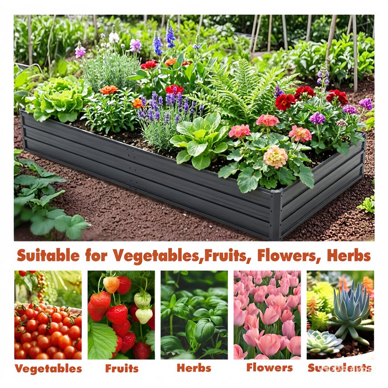 94 po X 47 po X 13 po Lit de jardin surélevé rectangulaire en métal, H 13,4 po x l 47,2 po x P 94,3 po, Noir, Ensemble de 1