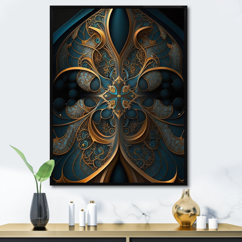 Fractal Universe in Retro Gold and Teal I - Fractals, art mural encadré, H 20 po x l 12 po x P 1 po, Cadre flottant noir