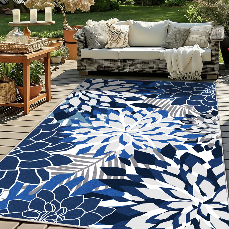 ZonLi Tropical Floral Indoor/Outdoor Rug, 6' x 9', Blue/White, Waterproof, Washable, Non-Slip, 6x9FT, Blue/White
