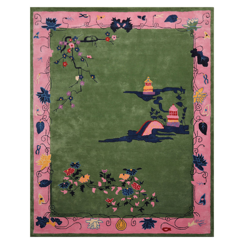Tapis vert touffeté à la main vert multicolore, Rectangle de 5 pi x 8 pi