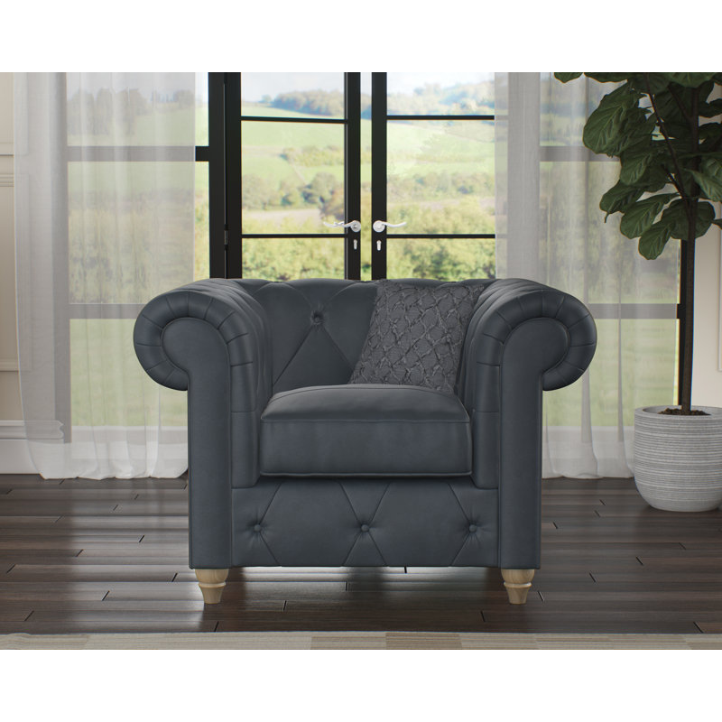 Melrose 115Cm Wide Tufted Genuine Leather Armchair, Navy, Walnut