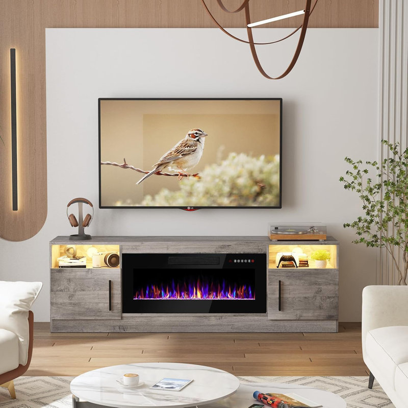 Meuble télé 70 po avec armoires de rangement, centre de divertissement en bois moderne, Gris