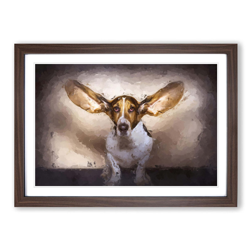 The Ears of a Basset Hound Dog in Abstract - Picture Frame Painting Print on MDF, Walnut Framed, 27cm H x 36cm W x 2cm D
