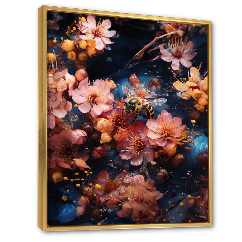 «Colorful Bee I» sur toile, Cadre flottant doré, H 32 po x l 16 po x P 1 po