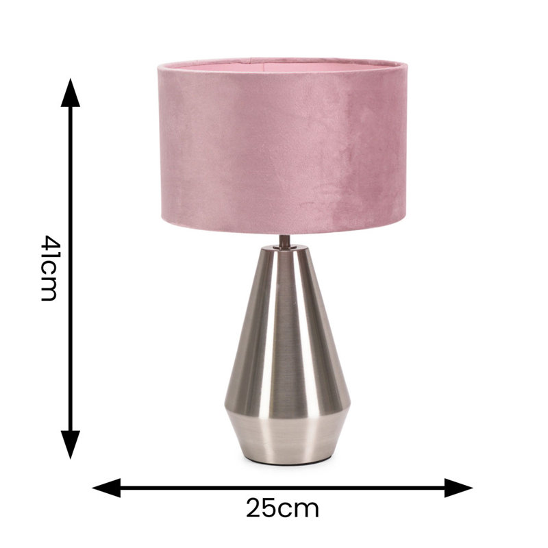 Jax Metal Dimmable Touch Table Lamp with Velvet Drum Shade with LED Bulb, Silver, Blush Pink
