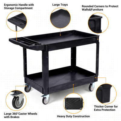Heavy-Duty Double-Shelf Utility Cart In Black, PP Plastic Construction With Swivel Wheels And Brakes, 550 Lb Capacity For Garage, Warehouse And Worksh