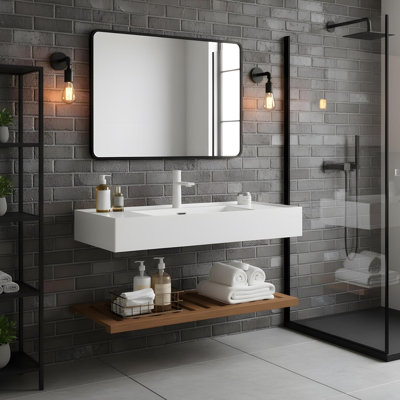 36" Wall Mounted Bathroom Vanity with Vessel Sink and Striped Shelves Layer