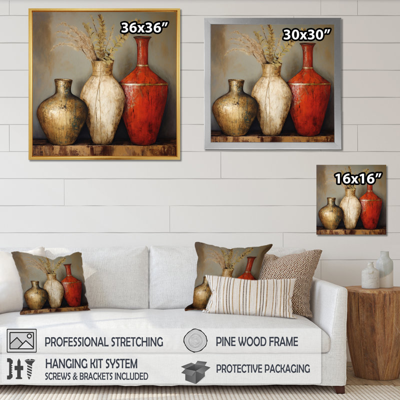 Cottage Vases rouges séchées, fleurs de blé sur toile, Cadre naturel flottant, H 36 po x l 36 po x P 1,5 po