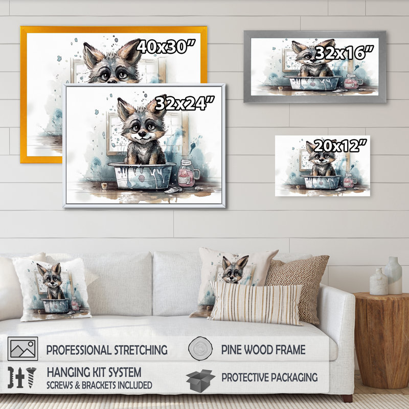 Animal sur toile, salle de bain chiot gris - Chiot gris dans une baignoire, H 12 po x l 20 po x P 1 po