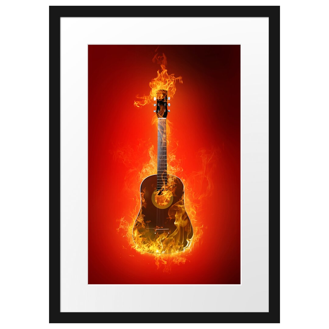 Gerahmtes Poster Brennende Gitarre Heiße Flammen