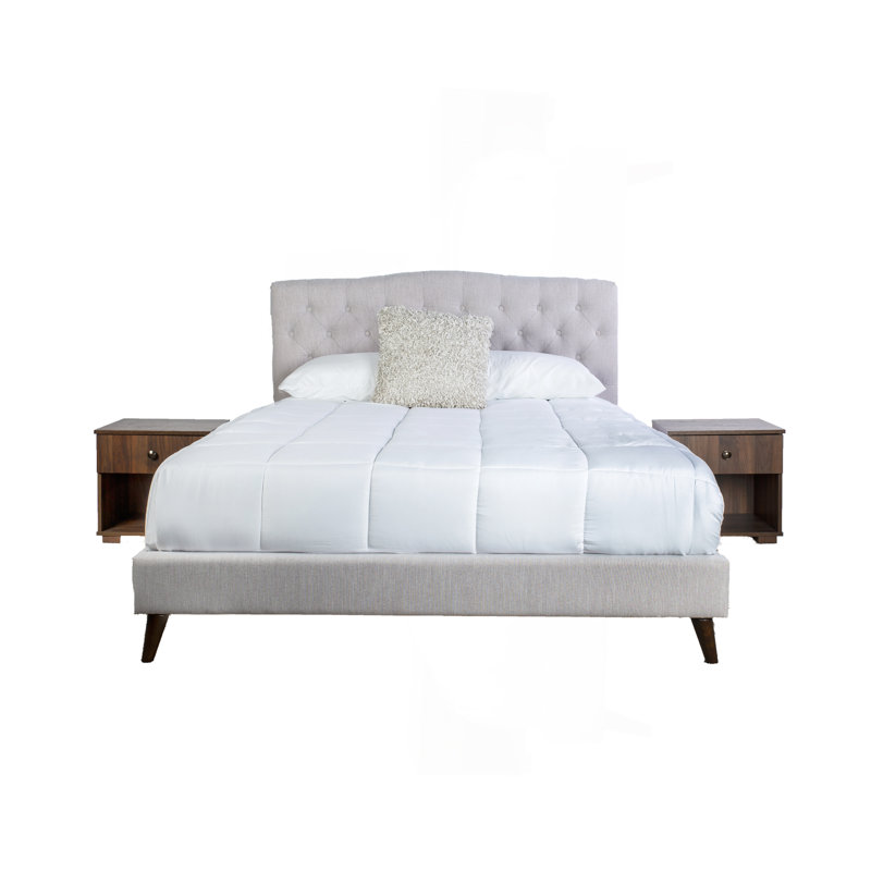 Lit tapissier avec 2 tables de chevet, Gris, Très grand lit
