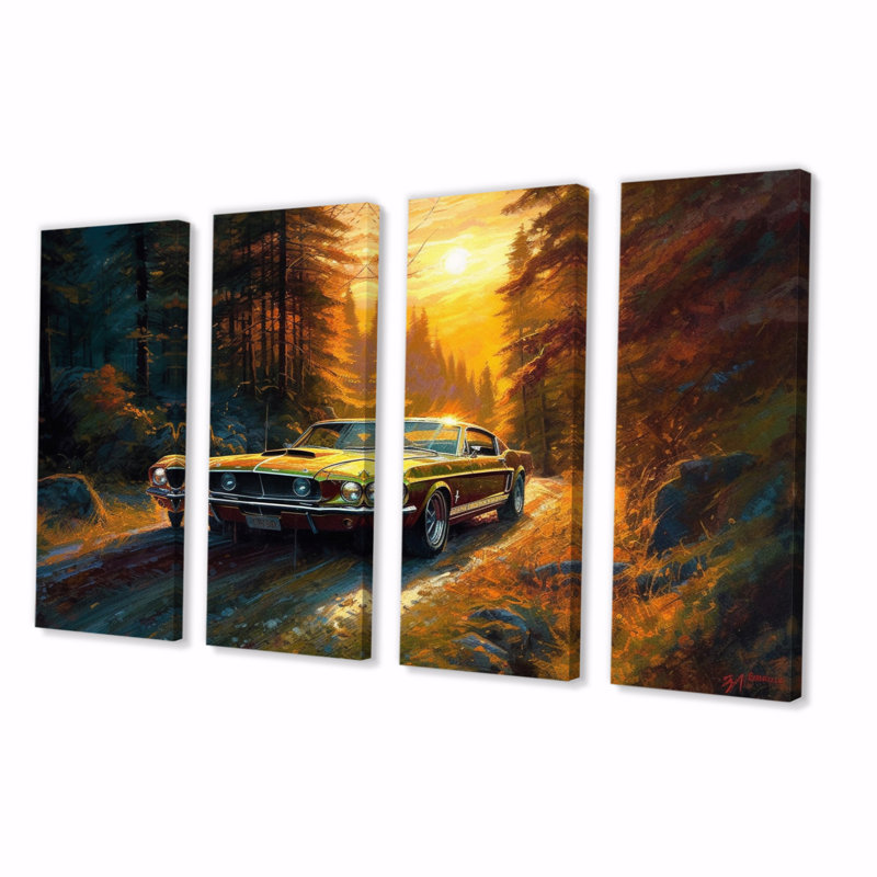 Mustang Forest Drives III - Muscle Car, reproduction sur toile - 4 panneaux
