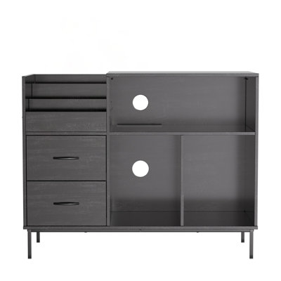 Support pour tourne-disque avec prise de courant et couvercle rabattable, table tournante avec rangement pour plus de 300 vinyles, console média grain de bois noir avec 2 tiroirs, hauteur de 27,6 pouces
