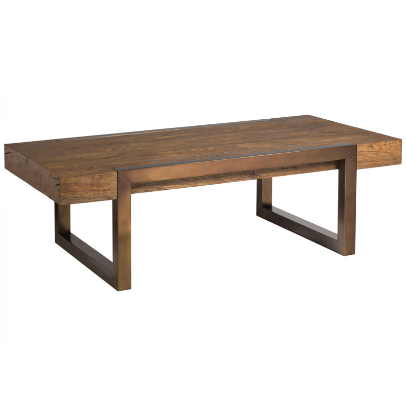 54" Brown Oak and Bronze Rectangular Coffee Table