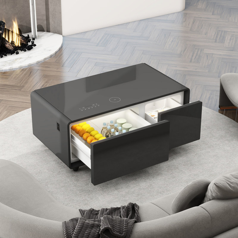 Table basse moderne avec réfrigérateur, chargement sans fil, son, Interface, tiroirs réfrigérés au fini noir mat,, Noir
