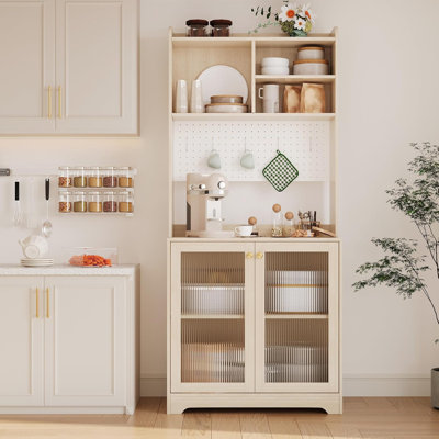 71" Kitchen Pantry Cabinet, Wooden Tall Sideboard Buffet Cabinet with Microwave Stand, Pegboard and Hutch, Pantry Storage Organizers Coffee Bar for Di by Winston Porter