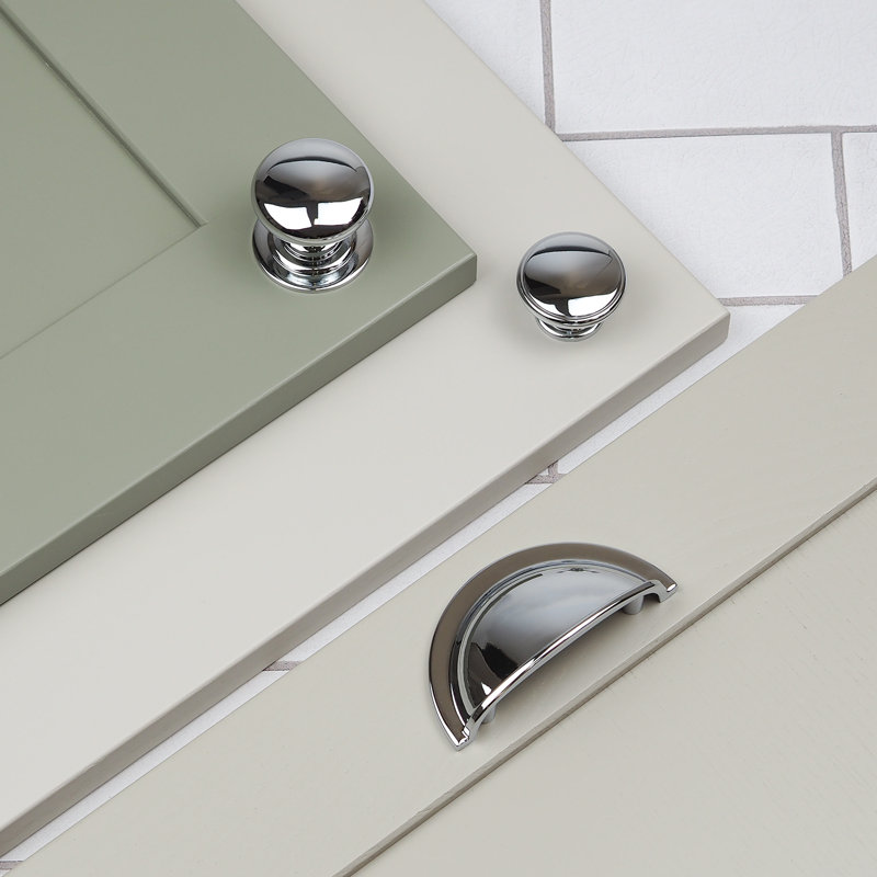 Polished Chrome Cup Handle & Matching Knobs Silver Shaker Cabinet Cupboard Door Drawer Pull, 42mm Knob