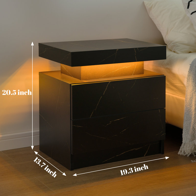 Engineered Wood Nightstand with LED Lights - Modern Small Space Solution, Black Marble