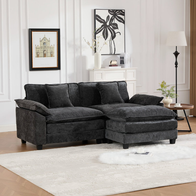 Grid L Shaped Modular Sectional Sofa, Oversized Cloud Couch With Ottoman, Black Chenille, 33" H X 82" W X 30" D