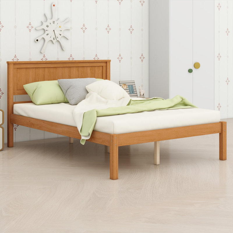 Lit plateforme minimaliste en bois avec tête de lit et sommier à lattes, sans sommier tapissier., Full / Double, Oak