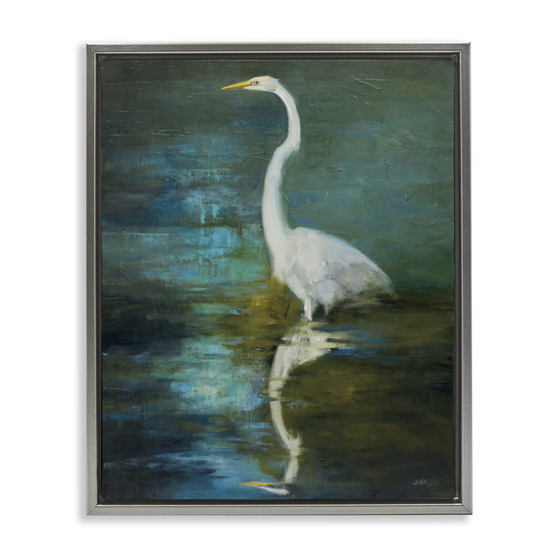 "Nautical Bird Lake Reflection", art mural encadré par Julia Purinton, Cadre flottant métallique doré, H 21 po x l 17 po