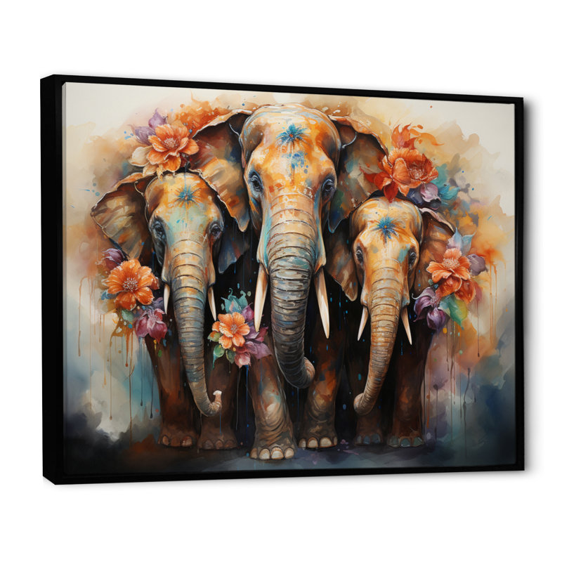 Art asiatique, éléphants thaïlandais - impression, H 16 po x l 32 po x P 1 po, Cadre flottant noir