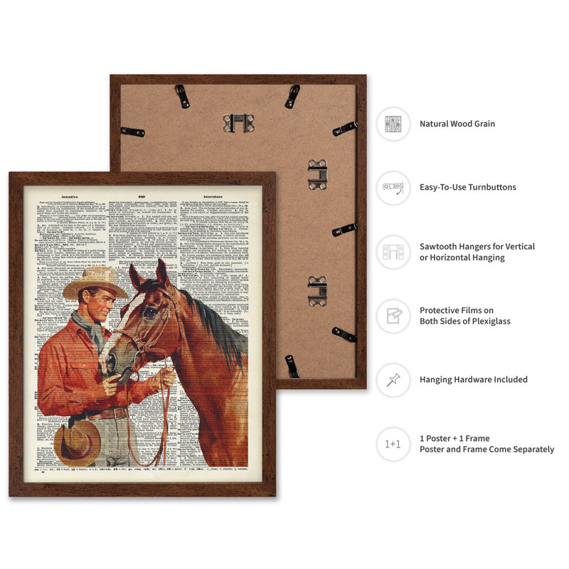 Cowboy et cheval, Poster, 08"H x 10"W, Brown Framed