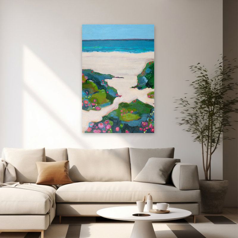 «The Coast Is Clear» - paysages côtiers, plages, fleurs, art fuchsias, H 60 po x l 40 po