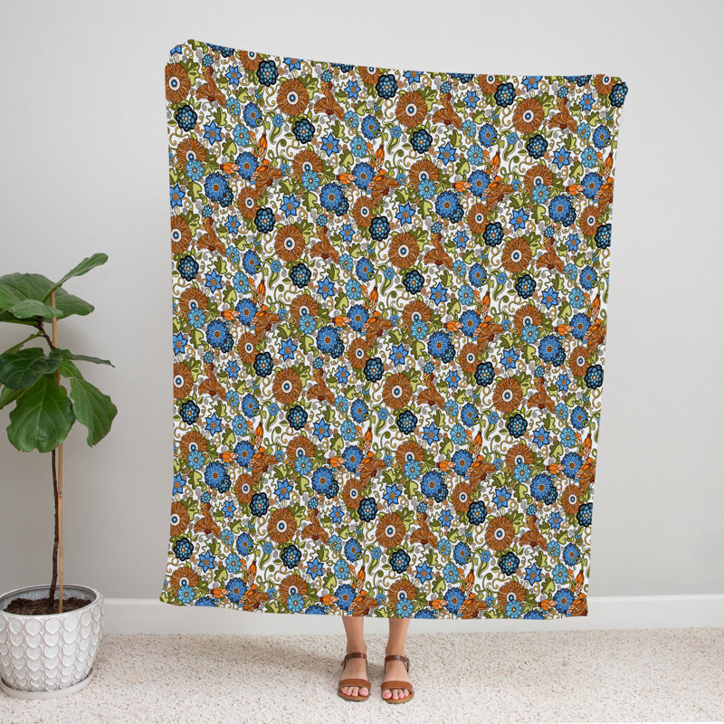 Throw Blanket, 51" W x 60" L, Floral/Abstract, Dark Blue/Brown