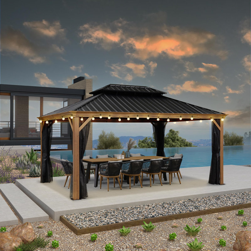 Toit en métal avec lumière L 12 pi. D Pavillon de jardin en aluminium à grain de bois