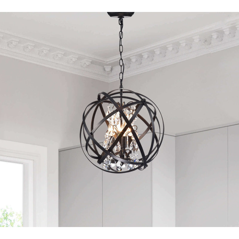 Zellner 4 - Light Unique Globe Chandelier with Crystal Accents, Antique Black