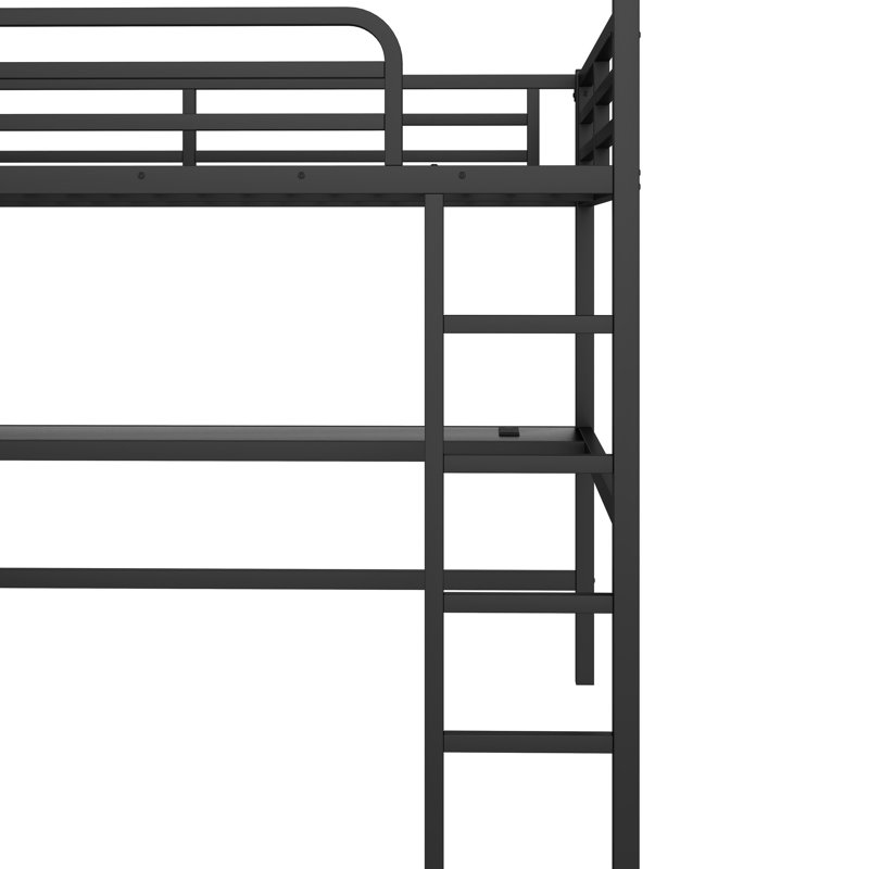 Grand lit mezzanine noir en métal avec prise de courant et bricolage intelligent, créant des espaces séparés pour le travail, la charge de bureau à quatre côtés