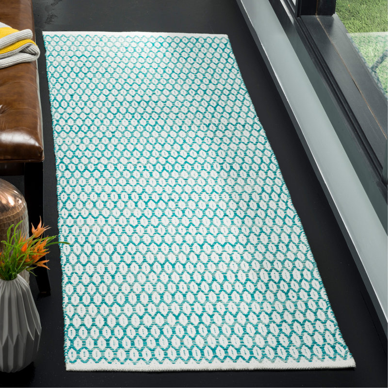 Tapis turquoise / ivoire en coton tissé à plat Modena, Tapis de couloir 2 pi 3 po x 7 pi